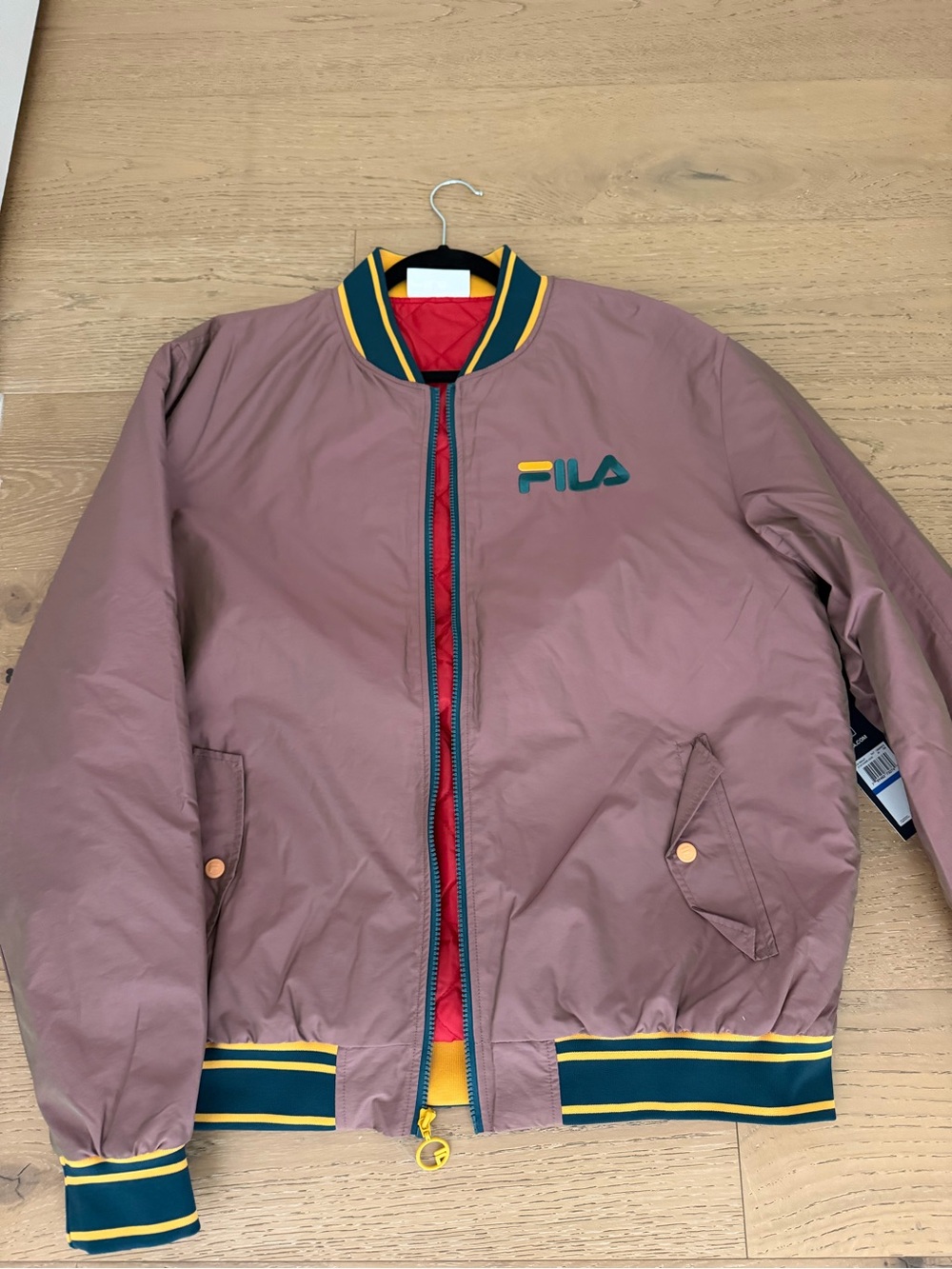 Fila Men's Mauve Bomber Jacket with Green and Yellow Trim